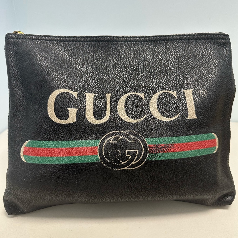 Gucci Black Leather WEB Logo Print Portfolio  Clutch